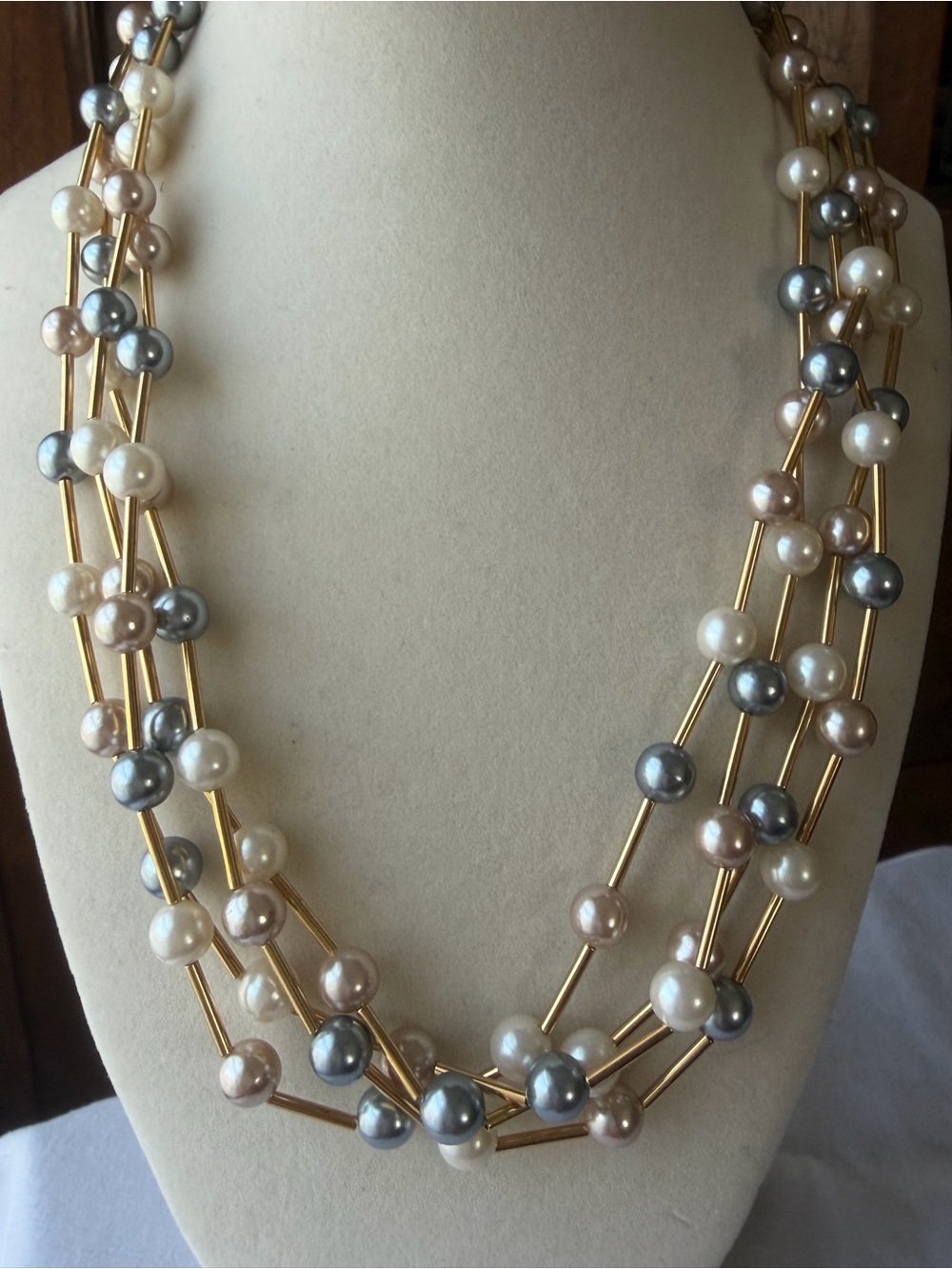 AVON Multi Strand Faux Pearl Necklace Gold Tone Gray Ivory Blush Pink Statement